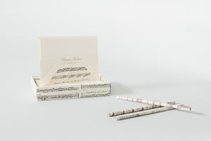 Music Score Boxed Note Cards and Instruments Motif Pencils